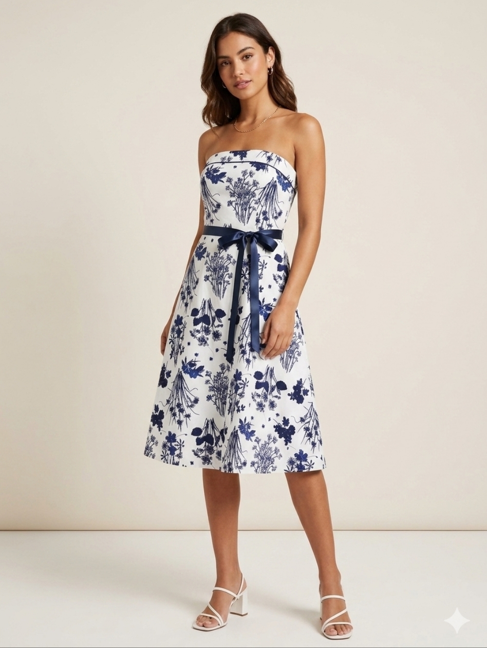 Vintage Just Choon Strapless Floral Toile Midi Dress Navy White Fit & Flare 5